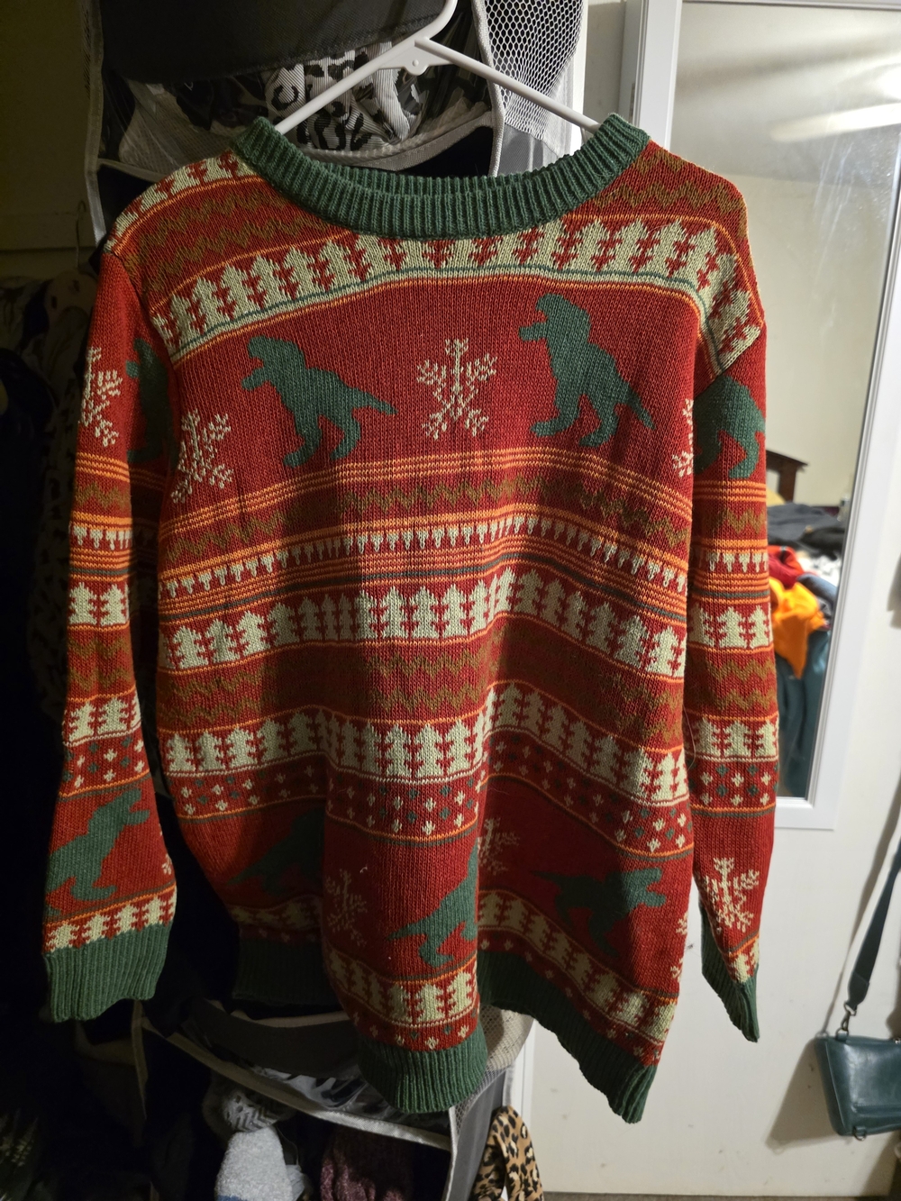 Red and Green Holiday Knit Sweater with Dino Motif